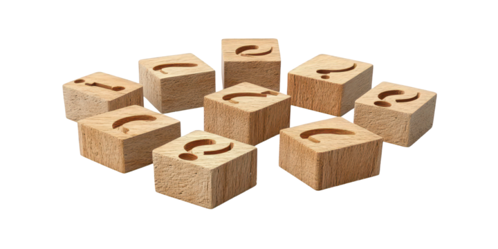 Group of Wooden Blocks with Question Marks symbol isolated on a transparent background