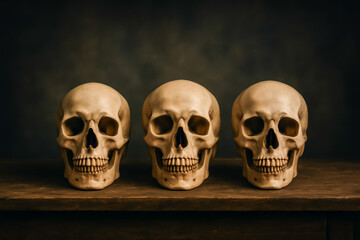 Three realistic skulls displayed on a wooden table surface