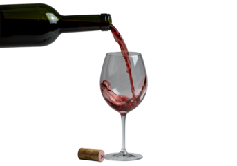 Luminous red wine pouring from an elegant Bordeaux bottle into a crystal glass, cork, seamless transparent studio background, hyperrealistic, ultra-sharp. Concept for beverage advertising