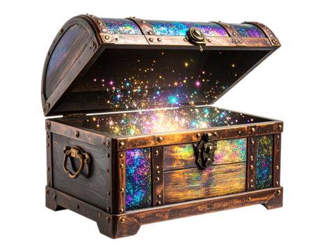  Closed Enchanted Treasure Chest with Ornate Copper Trim, Floating with Light Particles, Isolated PNG