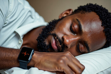 Close-Up Image of Peaceful African American Man Sleeping Holding Smart Watch Showing Heart Rate