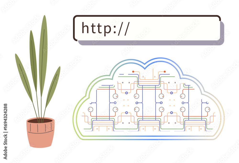Poster browser bar atop a digital cloud with interconnected circuits beside a potted plant. ideal for techn