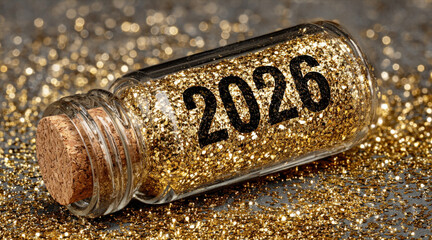 Partículas de brillo dorado iluminadas dentro de un frasco de vidrio con tapon de corcho etiquetado como '2026', que representa celebración, festividad y espíritu de Año Nuevo