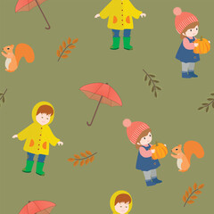 Seamless autumn khaki pattern with kids, umbrellas, and leaves, great for textile, wallpaper, and seasonal design