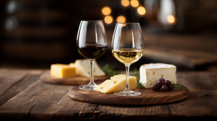 Glasses of wine and cheese platter served in cozy rustic setting