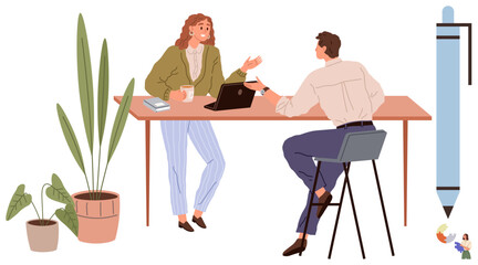 Two colleagues seated at a desk, engaged in conversation with a laptop and coffee cups. Indoor plants add warmth. Ideal for teamwork, communication, office space, collaboration, creativity