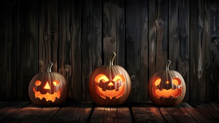 Three Illuminated Jack O Lanterns with Carved Faces on Wooden Floor in Dark Room