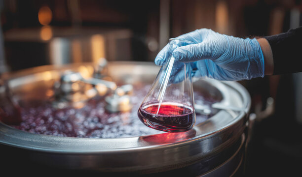Hand holding flask above fermentation tank during wine production at local vineyard