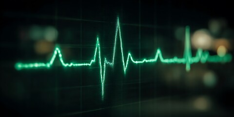 Naklejka premium green heartbeat line on EKG machine screen, showing healthy rhythm in dark setting. glowing line creates sense of life and vitality.