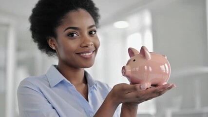 A woman is holding a pink piggy bank. She is smiling - Powered by Adobe