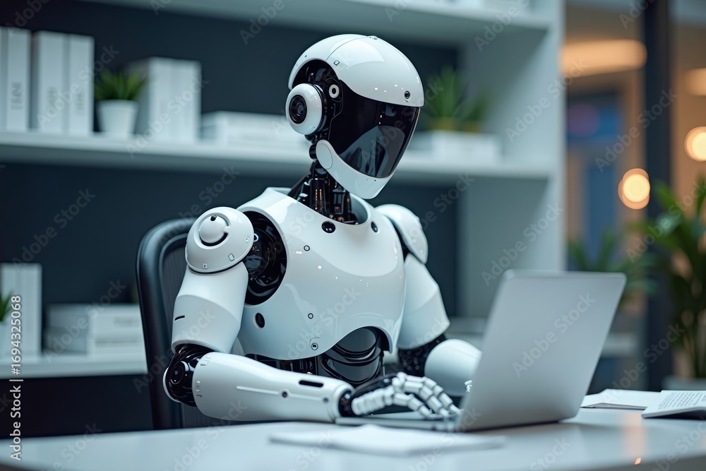Poster ai-powered robot accountant utilizing invoices and receipts for financial calculations in the future