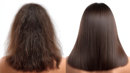 a realistic side-by-side comparison of the back of a woman's head with shoulder-length hair, left side showing dry frizzy tangled hair, right side showing smooth, healthy, 