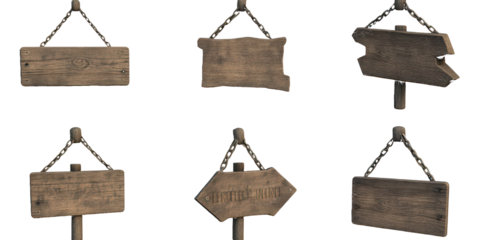 Rustic Wooden Signposts Hanging and Mounted on Posts with Chains blur real isolated on a transparent background