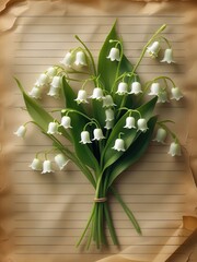 Delicate white lily of the valley flowers tied with twine on rustic wood