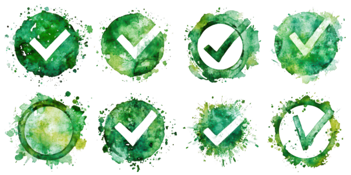 Set of Green Watercolor Check Mark Icons with Splatter Effect symbol isolated on a transparent background