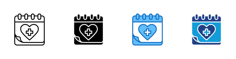 Obraz premium Appointment Book Multiple Style Icon Design Vector - Calendar with a heart and cross, signifying a health appointment or medical scheduling
