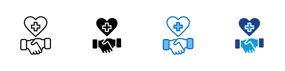 Healthcare Agreement Multiple Style Icon Design Vector - Handshake under a heart with a cross symbolizing health partnership or care commitment