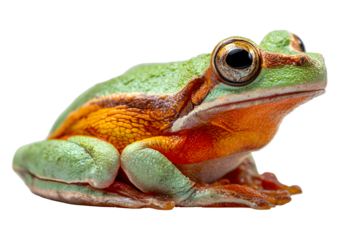 Vibrant macro of colorful tropical tree frog with green orange and yellow skin isolated on transparent background
