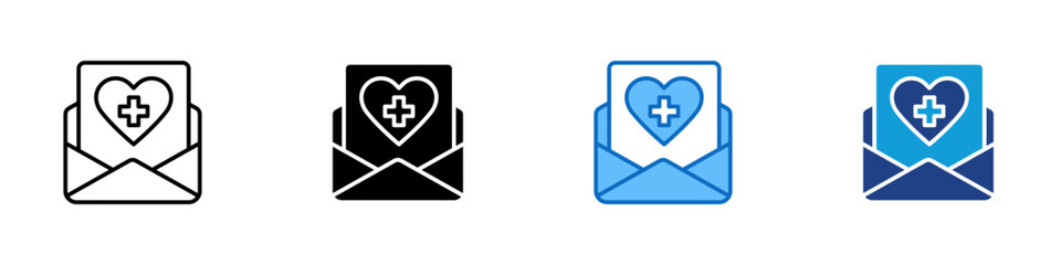 Medical Mail Multiple Style Icon Design Vector - Envelope with heart and cross, representing medical invitation, report, or health newsletter