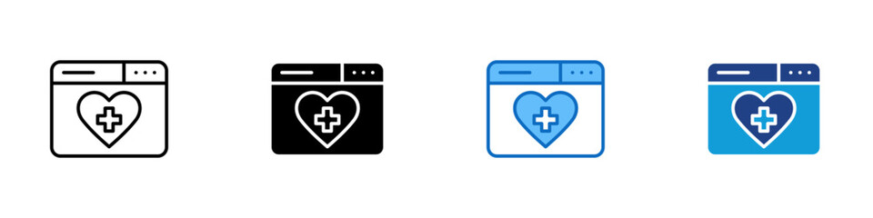 Medical Website Multiple Style Icon Design Vector - Browser window with heart and medical cross, indicating an online health portal or medical site