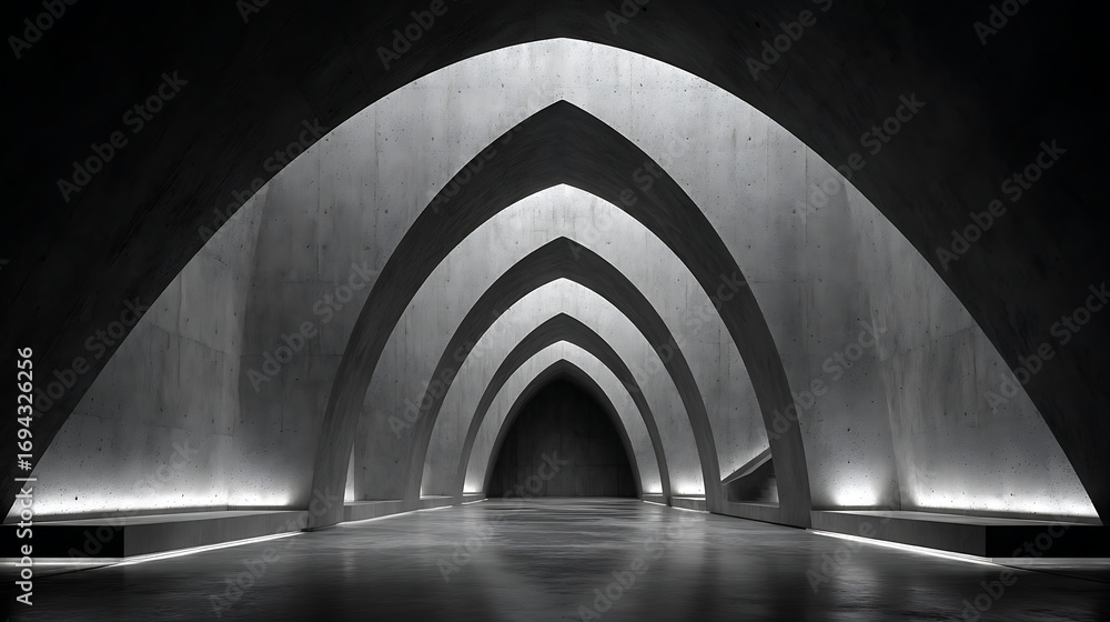 Poster a dramatic and minimalist black and white image showcasing a series of concrete arches forming an il