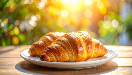 Golden-brown croissant with flaky layers on a white plate, showcasing buttery texture and delicate lamination