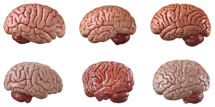 Six detailed anatomical models of human brains in varying shades of pink and red isolated on a transparent background - Powered by Adobe