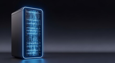 Futuristic server rack glowing with vibrant blue digital data streams in dark modern datacenter