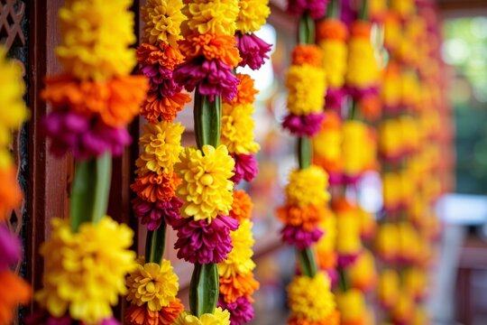 Close-up Image of Colorful Flower Garlands Decorated for Traditional Indian Hindu Wedding Ceremony - Powered by Adobe