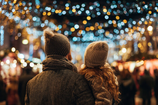 parent and child at a Christmas market, child looking up at sparkling decorations, bokeh lights, cozy winter outfits