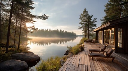a serene Scandinavian lake house with large windows, nestled among pine trees beside a calm reflective lake, soft morning mist over the water, modern wooden deck with lounge chairs, cozy 