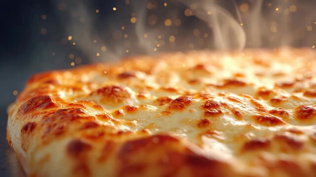 Ultra cheese pizza slice process with melted mozzarella crust in hot oven steam, golden bubbly topping and cozy kitchen vibe comfort food joy