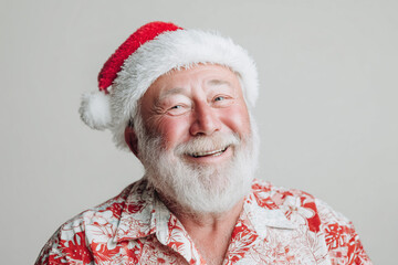 happy bearded elderly man in a floral Hawaii shirt and Santa hat, neutral studio background
