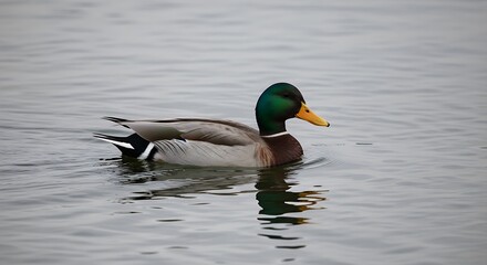 A mallard duck glides serenely across a calm water surface, its vibrant green head and yellow bill contrasting beautifully with the muted gray tones of the surrounding water.