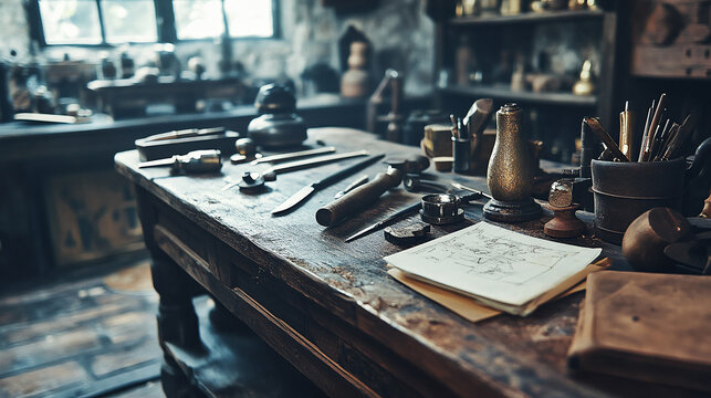 Assorted goldsmith tools on a rustic wooden workbench