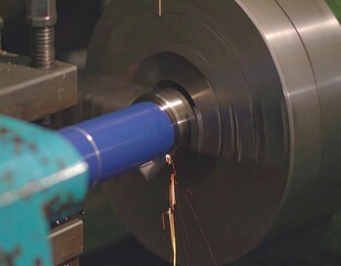 Metal part being machined on a lathe