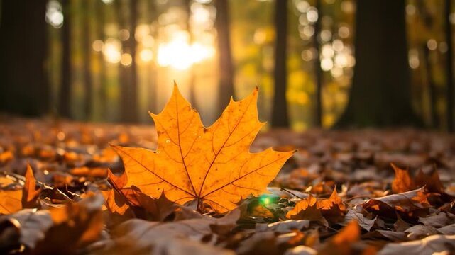 Single leaf falling on ground, sunlight through trees in the background; for autumn blogs and websites