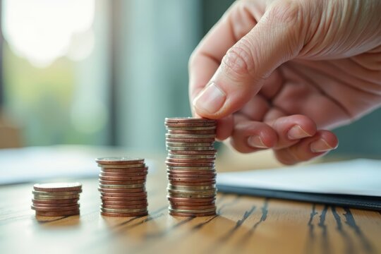 Close-up shot of hand stacking coins to illustrate a declining interest rate graph.