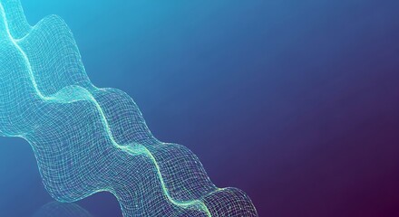 Dynamic abstract glowing grid mesh flowing across a gradient blue and purple background, digital art
