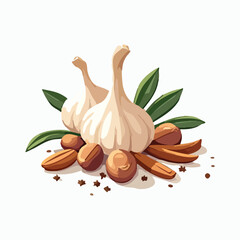 Healthy, organic garlic bulbs with fresh parsley and spices are isolated on a white background