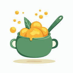 An illustration of a pumpkin soup vector in a pot with a spoon, a set of fresh breakfast food icons