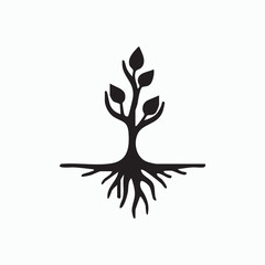The hand holds a stylized green tree with sprawling roots, a silhouette design symbolizing nature's growth and life
