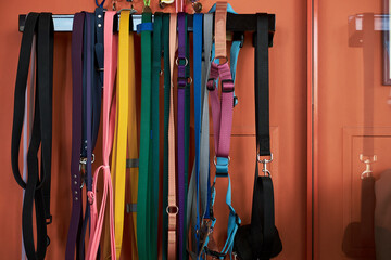 Colorful assortment of dog leashes and harnesses hanging on wall-mounted rack in pet care facility,...