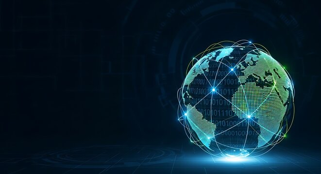 Dynamic digital globe with glowing connections symbolizes global data flow and modern technology.