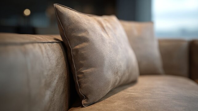 A soft suede pillow nestles on a caramel sofa, exuding cozy hygge vibes for World Sleep Day and Quietude Thursdays