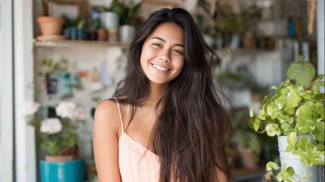 Asian woman exudes serene joy amid verdant indoor jungle, celebrating Houseplant Appreciation Day and World Happiness Festival's vibrant spirit