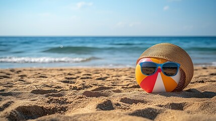 Beach ball wearing sunglasses and hat on sandy beach.