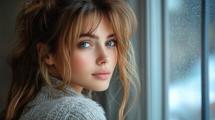 Beautiful woman with blue eyes looking over shoulder.