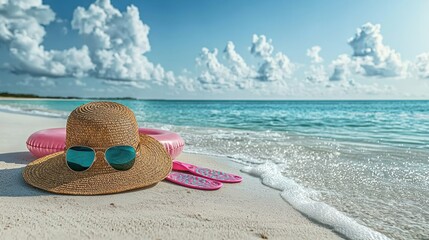 Beach hat, sunglasses, inflatable ring, and flip-flops on sandy shore.