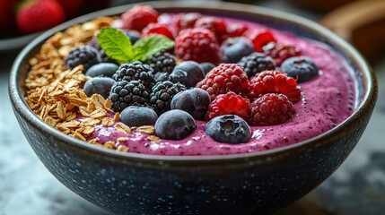 Berry smoothie bowl with granola and mint.